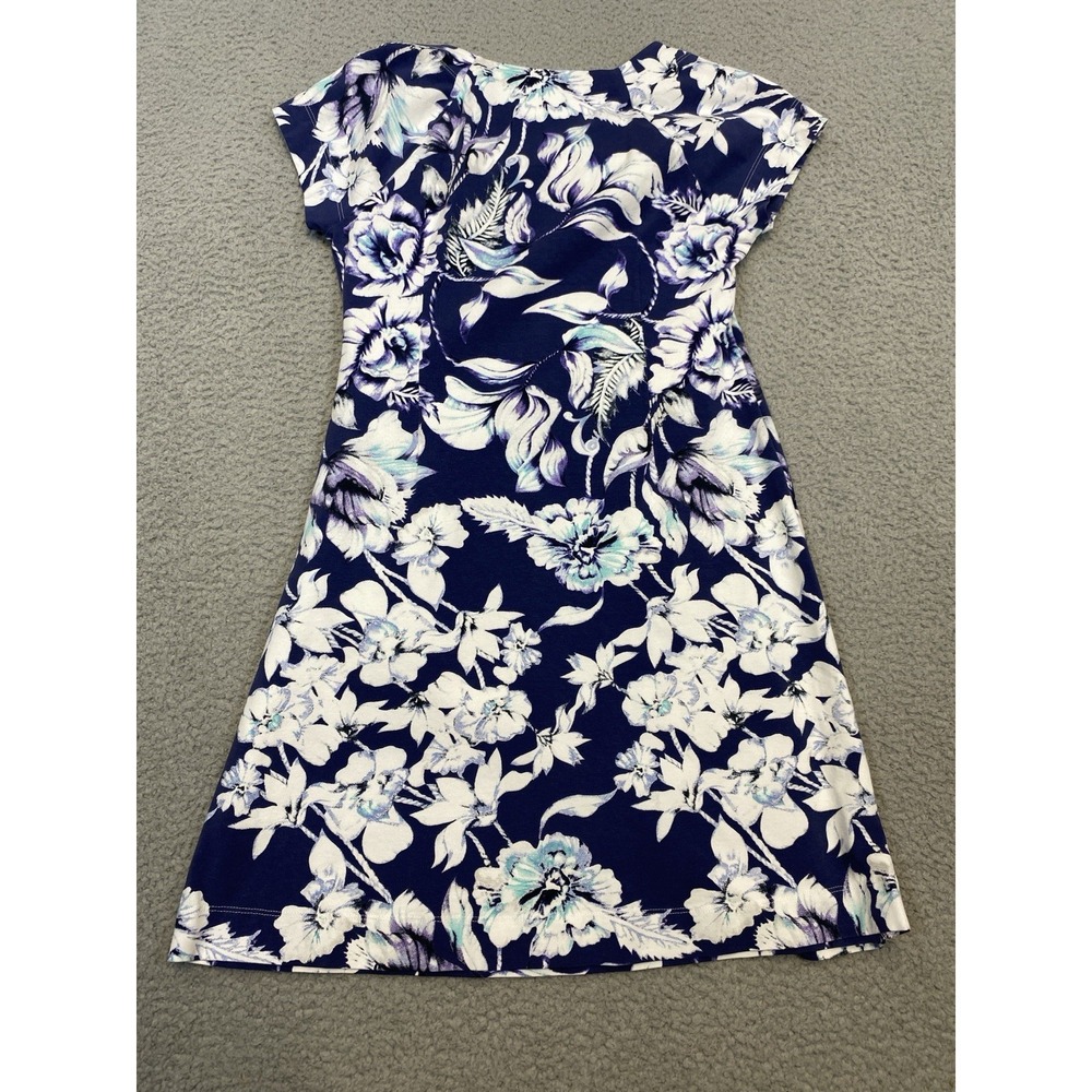 Soft Surroundings Dress Women's Petite Small‎ Blue Knit Floral Faux Wrap V Neck